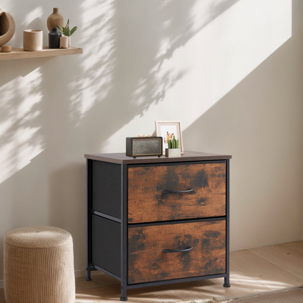 JOINSUN Nightstand Dressers with 2 Fabric Drawers, Small Chest Organizer with Fabric Bins for Bedroom, Rustic Brown