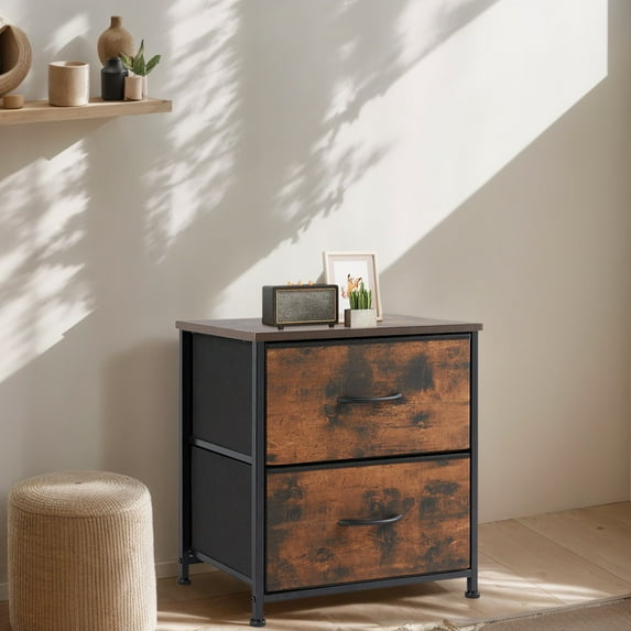 JOINSUN Nightstand Dressers with 2 Fabric Drawers, Small Chest Organizer with Fabric Bins for Bedroom, Rustic Brown