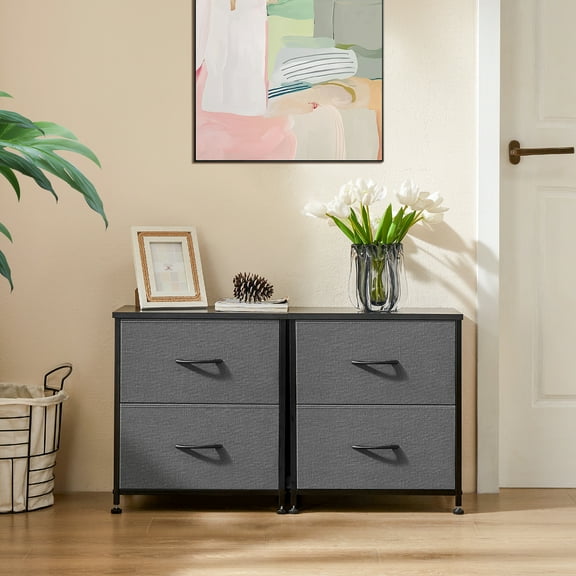 JOINSUN Nightstand Small Dressers with 2 Fabric Drawers for Bedroom, Tall Chest Organizer with Fabric Bins, Grey, Set of 2