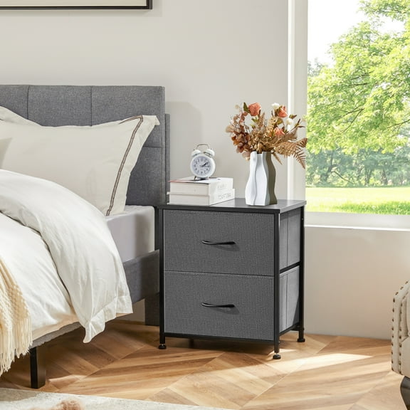 JOINSUN Nightstand Small Dressers with 2 Fabric Drawers for Bedroom, Tall Chest Organizer with Fabric Bins, Grey