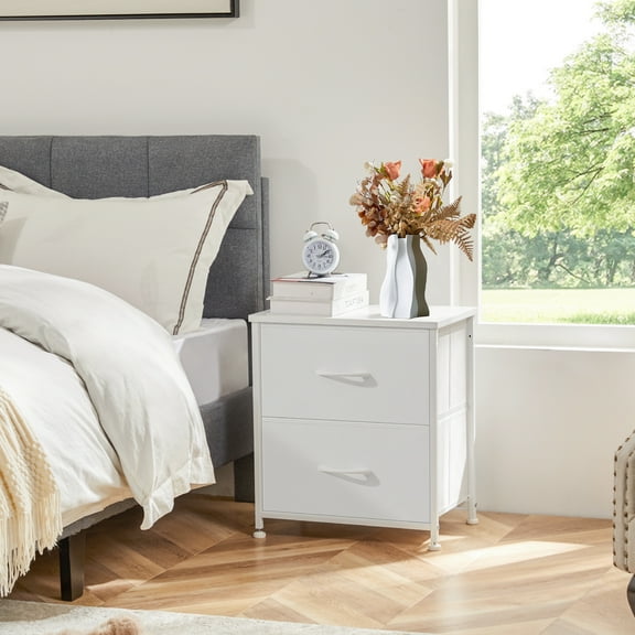 JOINSUN Nightstand Small Dressers with 2 Fabric Drawers for Bedroom, Tall Chest Organizer with Fabric Bins, White