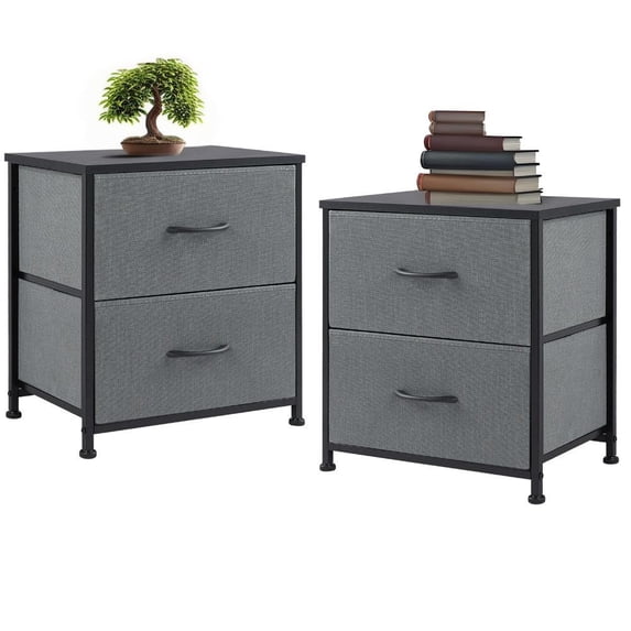 CONCETTA Nigtstand for Bedroom, Tall Chest Organizer with Fabric Bins, Steel Frame, Grey, Set of 2