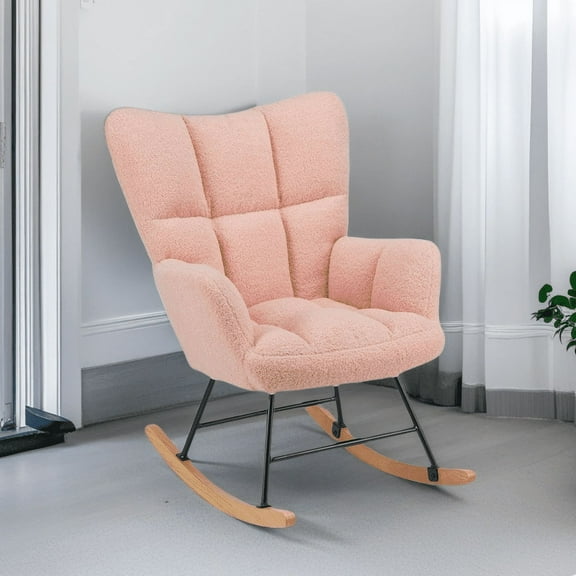 GIANNA Nursery Rocking Chair with Wing Backrest Wide Armrest, Bedroom Seating Furniture Glider Chair Comfy Teddy Recliner, Pink