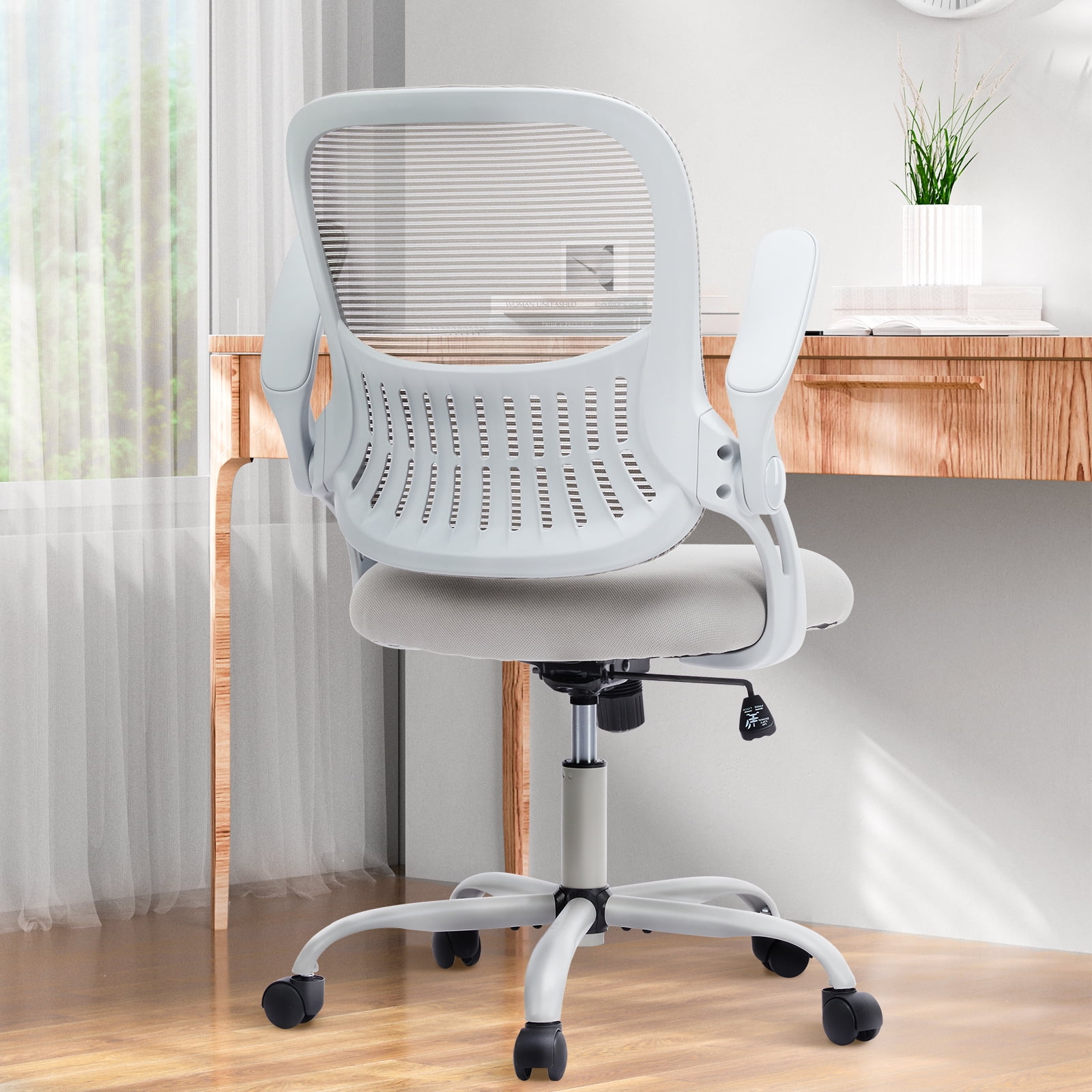 MCQ Office Chair, Ergonomic Home Mesh Office Desk Chairs, with Adjustable Armrests, Wheels and Mid-Back Task Chair with Lumbar Support， Gray