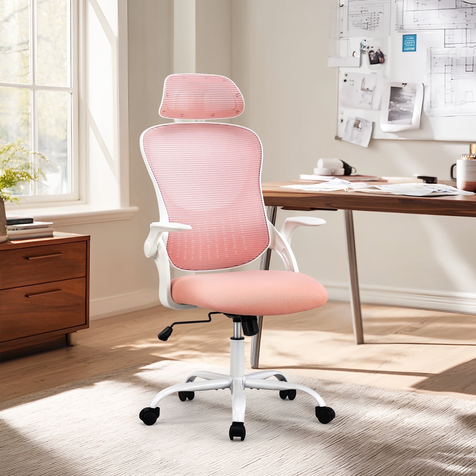 MCQ Office Chair, Ergonomic Home Mesh Office Desk Chairs, with Adjustable Armrests, Wheels and Mid-Back Task Chair with Lumbar Support,  Pink