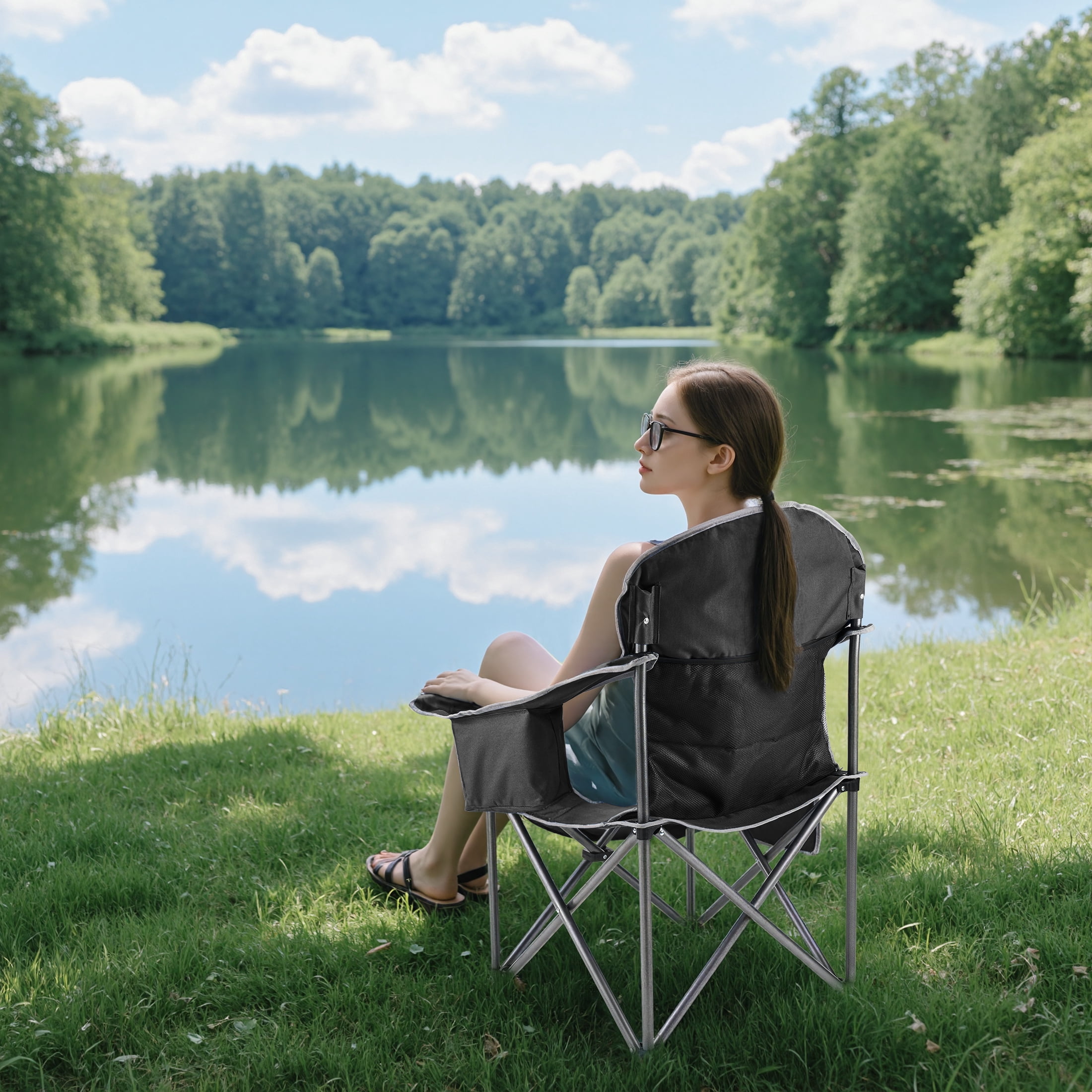 GIANNA Oversized Folding Camp Chair – 425 lbs Heavy-Duty Support, Padded Armrests & Lumbar Backrest, Portable Outdoor Chair with Cup Holder for Tailgating, Fishing & Camping