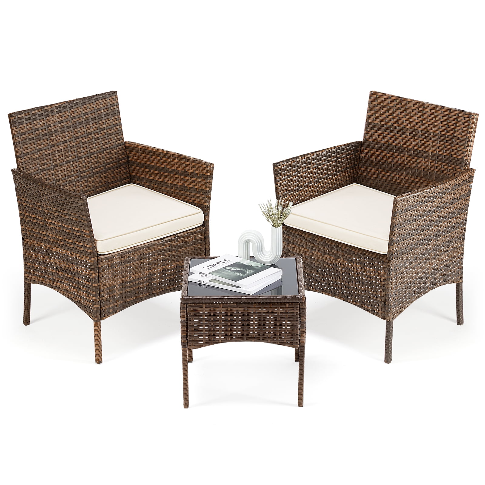 JOINSUN Patio Furniture Set 3 Pieces, Outdoor Wicker Furniture with Soft Cushion and Glass Table, For Garden, Terrace, Porch, Lawn, Brown