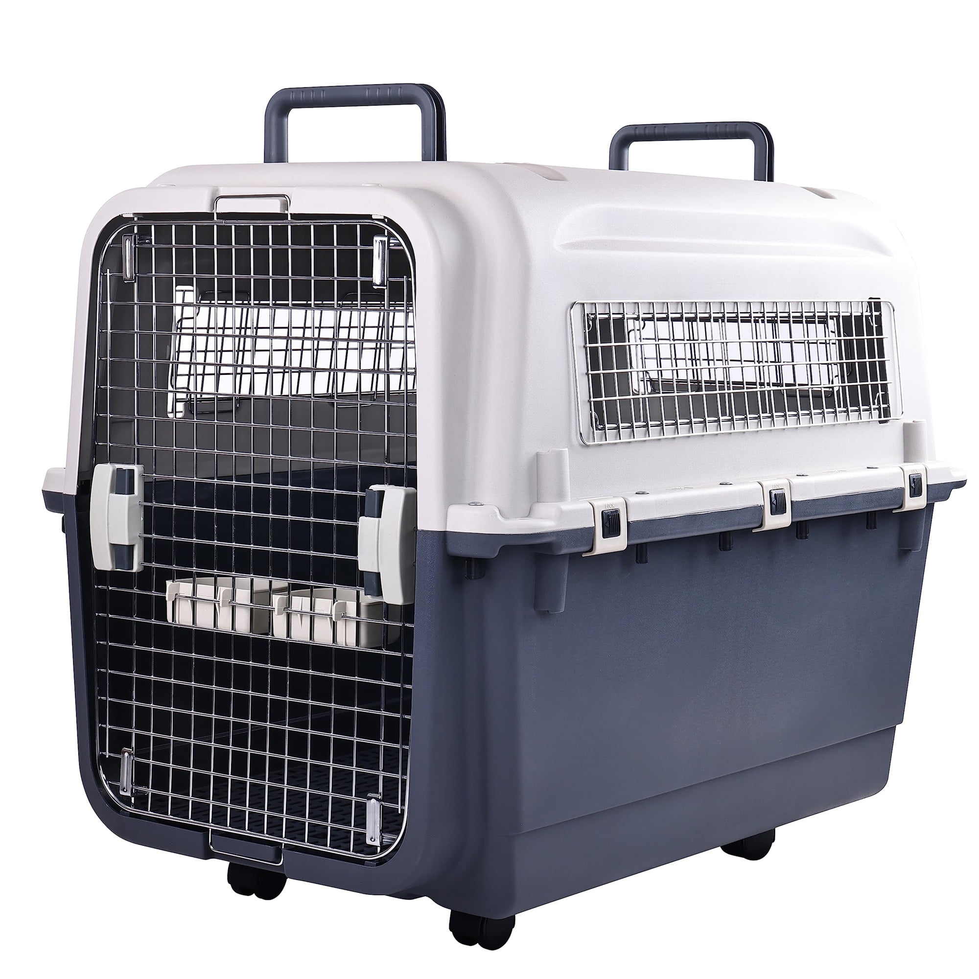 GIANNA Plastic Kennels Pet Carrier Rolling Plastic Airline Approved Wire Door Travel Dog Crate, Grey, Extra Large