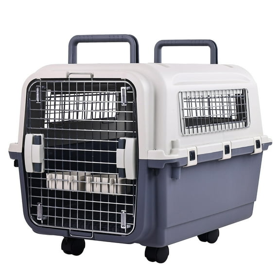 GIANNA Plastic Kennels Pet Carrier Rolling Plastic Airline Approved Wire Door Travel Dog Crate, Grey, Medium
