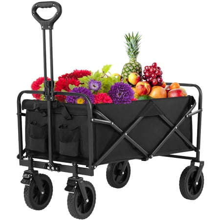 GIANNA Portable Shopping Wagon Cart, Large Capacity Utility Cart with Drink Holders, Foldable, Big, Black