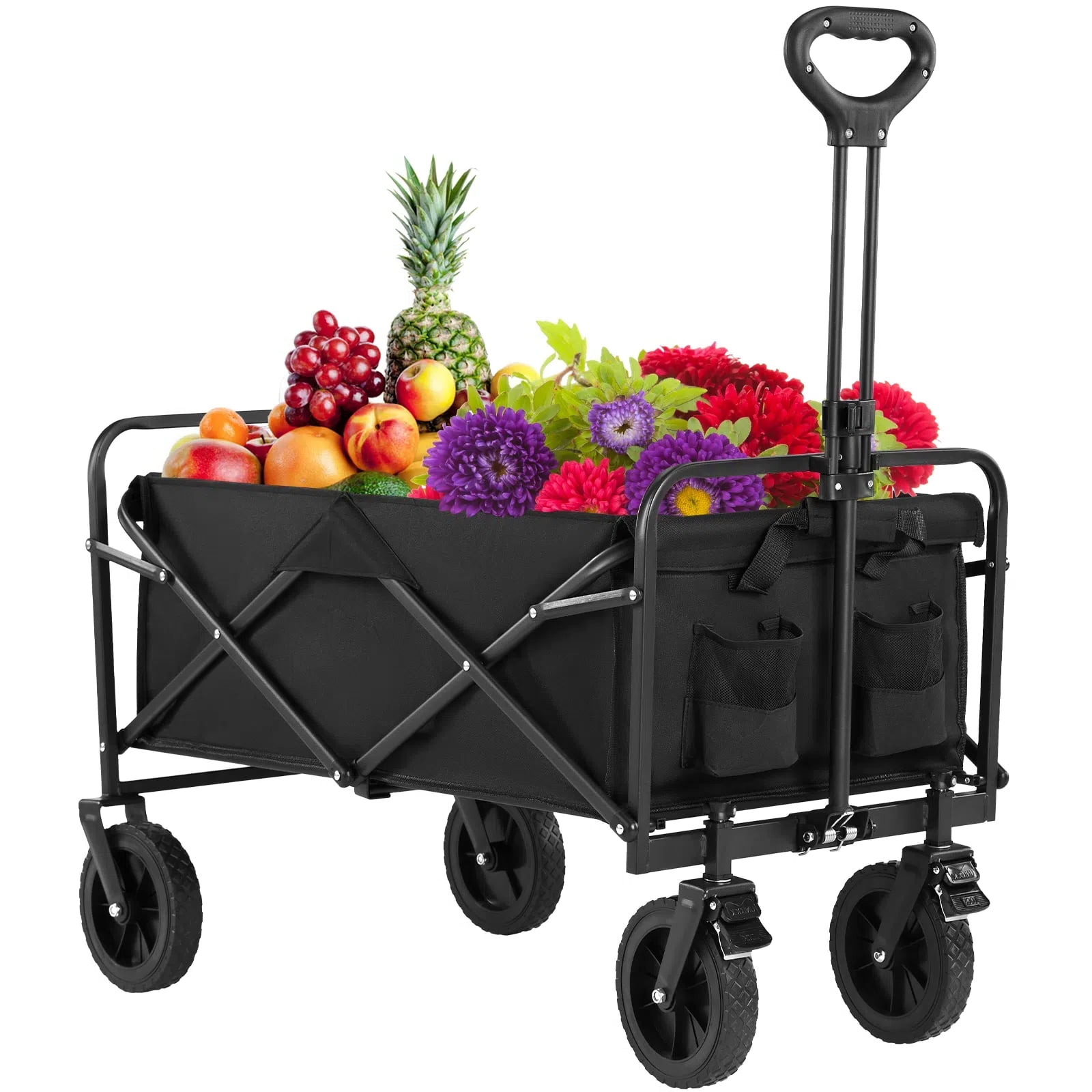 GIANNA Portable Shopping Wagon Cart, Large Capacity Utility Cart with Drink Holders, Foldable, Middle, Black
