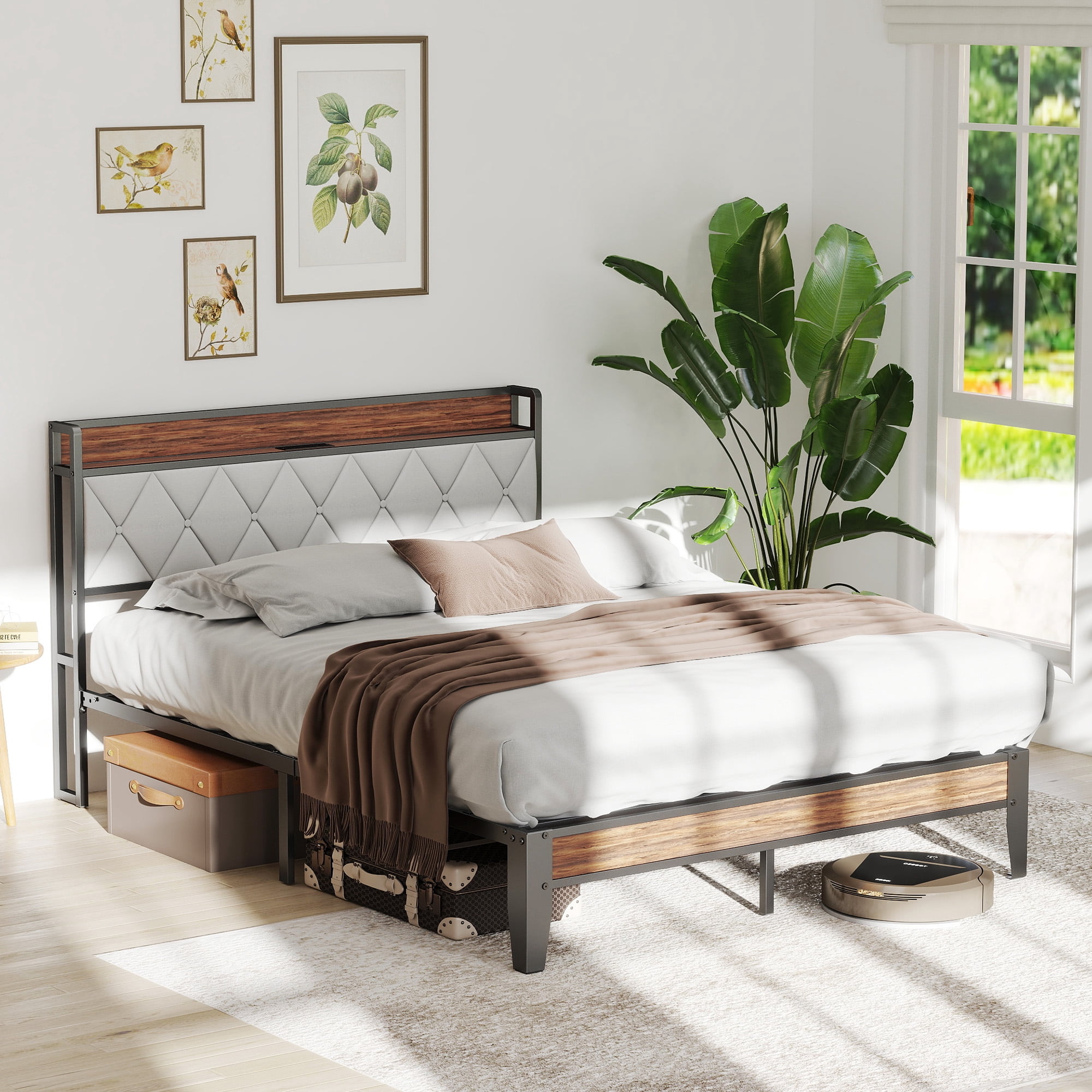 GIANNA Queen Bed Frame with Headboard, Underbed Storage, Built-in Charging Ports, Sturdy Noiseless Design, Tool-Free Assembly, No Box Spring Needed