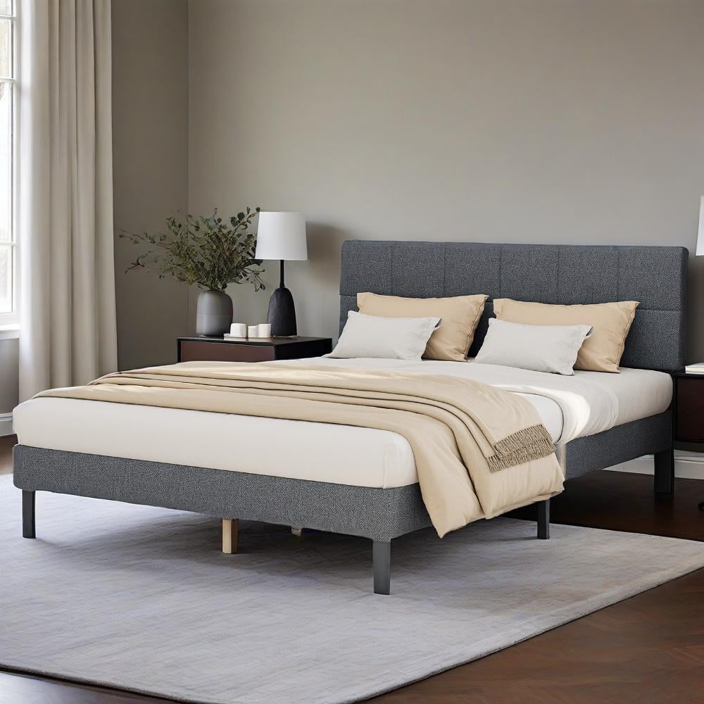 GIANNA Queen Size Bed Frame, Wooden Queen Platform Bed with upholstered headboard, 63.98"W x 82.87"D x 44.88"H, Grey