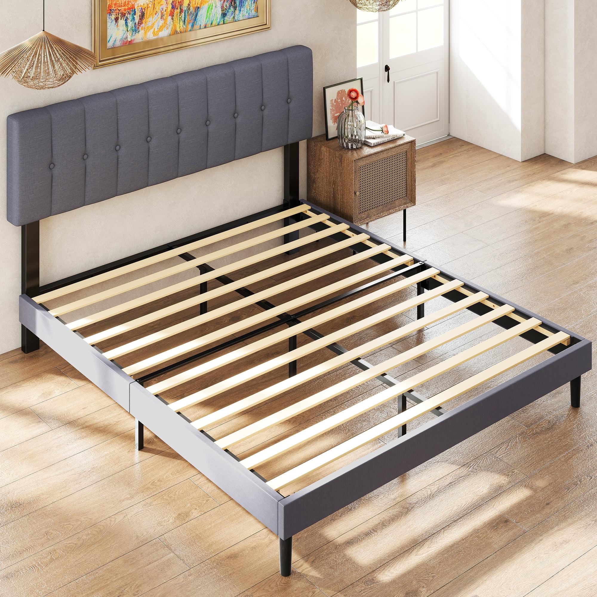 GIANNA Queen Size Platform Bed – Fabric Upholstered, Sturdy Wood Slats, No Box Spring Needed, Grey