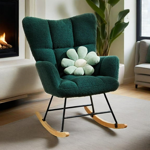 JOINSUN Rocking Chair Nursery, Teddy Upholstered Glider Rocker with High Backrest, Reading Chair Modern Rocking Accent Chairs Glider Recliner, Green