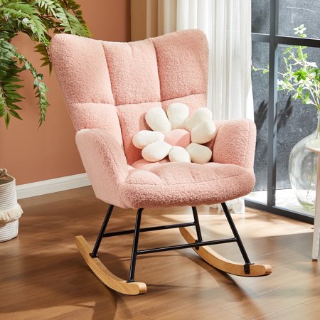 JOINSUN Rocking Chair Nursery, Teddy Upholstered Glider Rocker with High Backrest, Reading Chair Modern Rocking Accent Chairs Glider Recliner, Pink