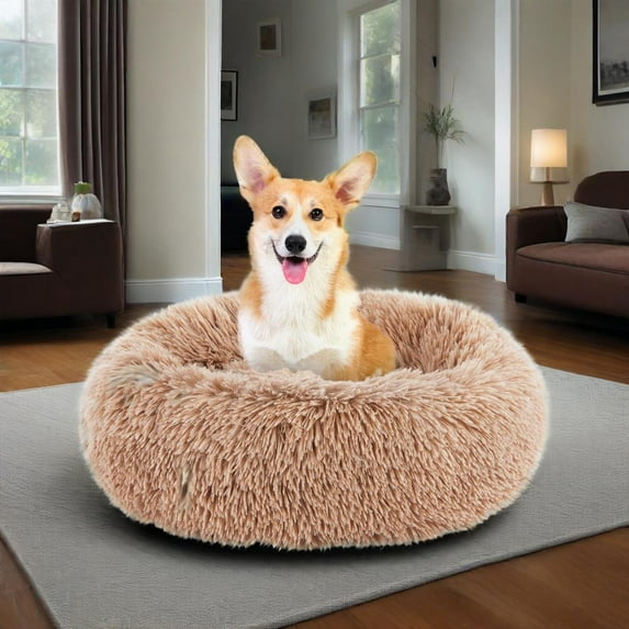 MCQ Round Dog Bed, Anti-Slip Fuzzy Pet Bed, Washable Cat Sofa Mat, Brown, 20 Inch