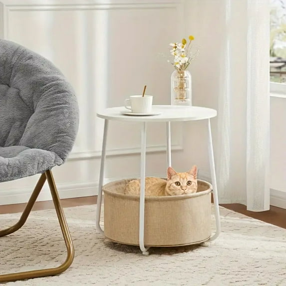 GIANNA Round Edge End Table In Living Room, Nightstand, Small Side Table With Fabric Basket, Steel Frame