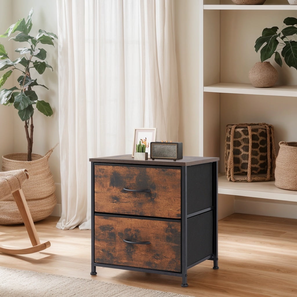 JOINSUN Rustic Brown Nightstand Dressers with 2 Fabric Drawers, Ideal for Bedroom Organization