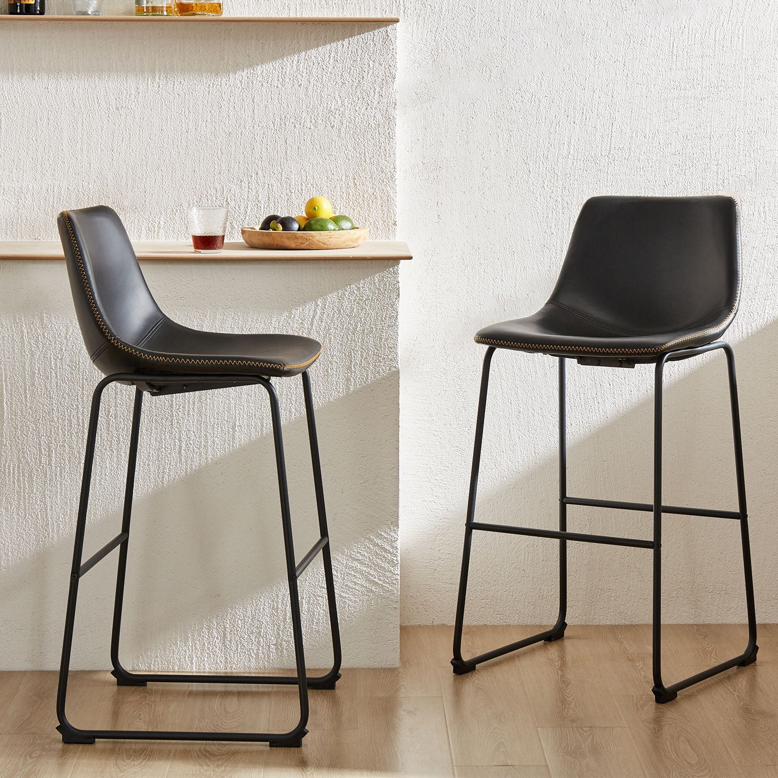 JOINSUN Set of 2 Modern Counter Stool, 30 inch Counter Height Bar Stools With Metal Legs, Footrest, Black