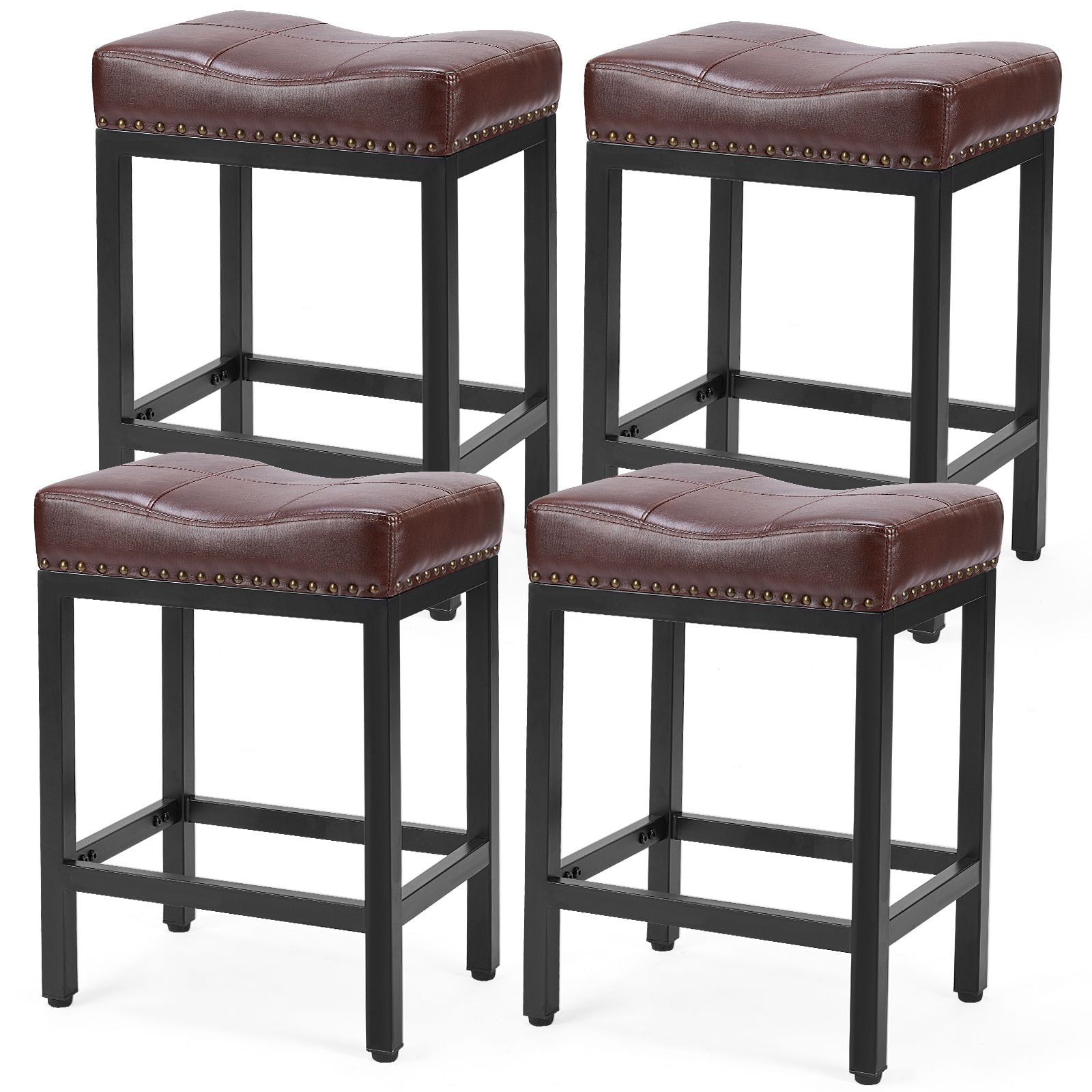 GIANNA Set of 4, Bar Stools 24 Inch - Stylish Counter Height Chairs, With Metal Bases and PU Leather Seats, For Kitchen Island, Brown