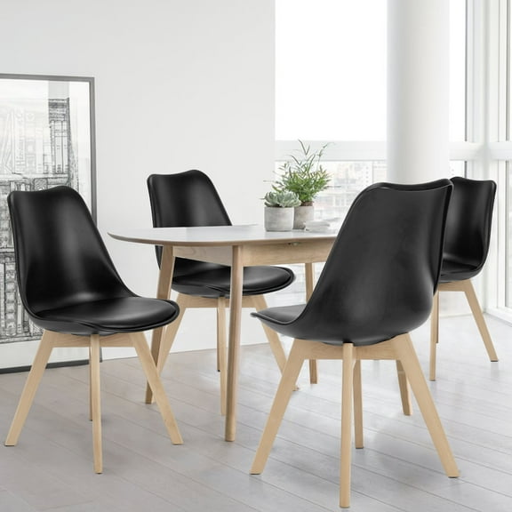 GIANNA Set of 4 Dining Chairs, Mid-Century Modern Style, PU Leather Padded Seat, Durable Wooden Leg, 22.83"W x 19.09"D x 32.87"H,Black