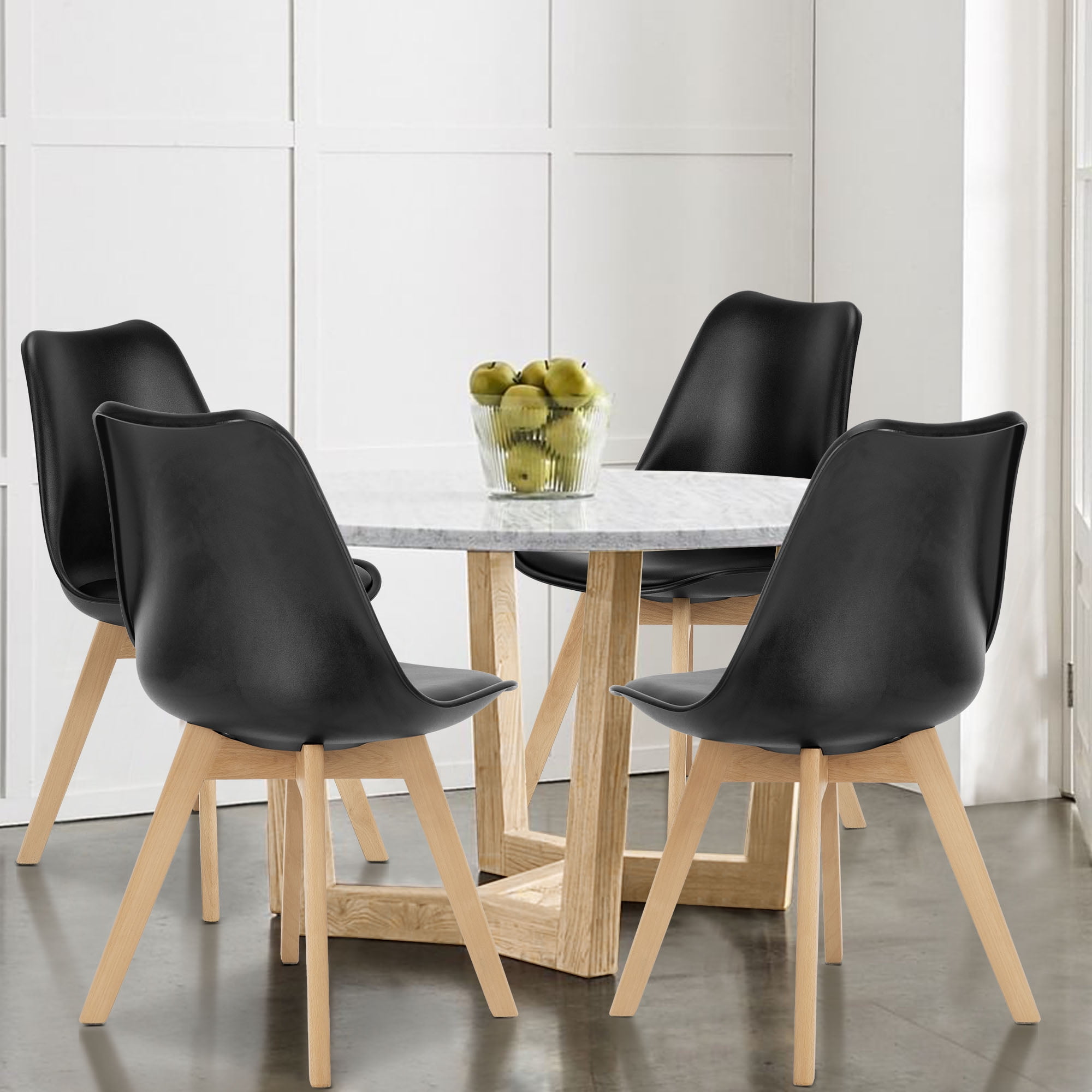 GIANNA Set of 4 Dining Chairs, Mid-Century Modern Style, PU Leather Padded Seat, Durable Wooden Leg, 22.83"W x 19.09"D x 32.87"H,Black