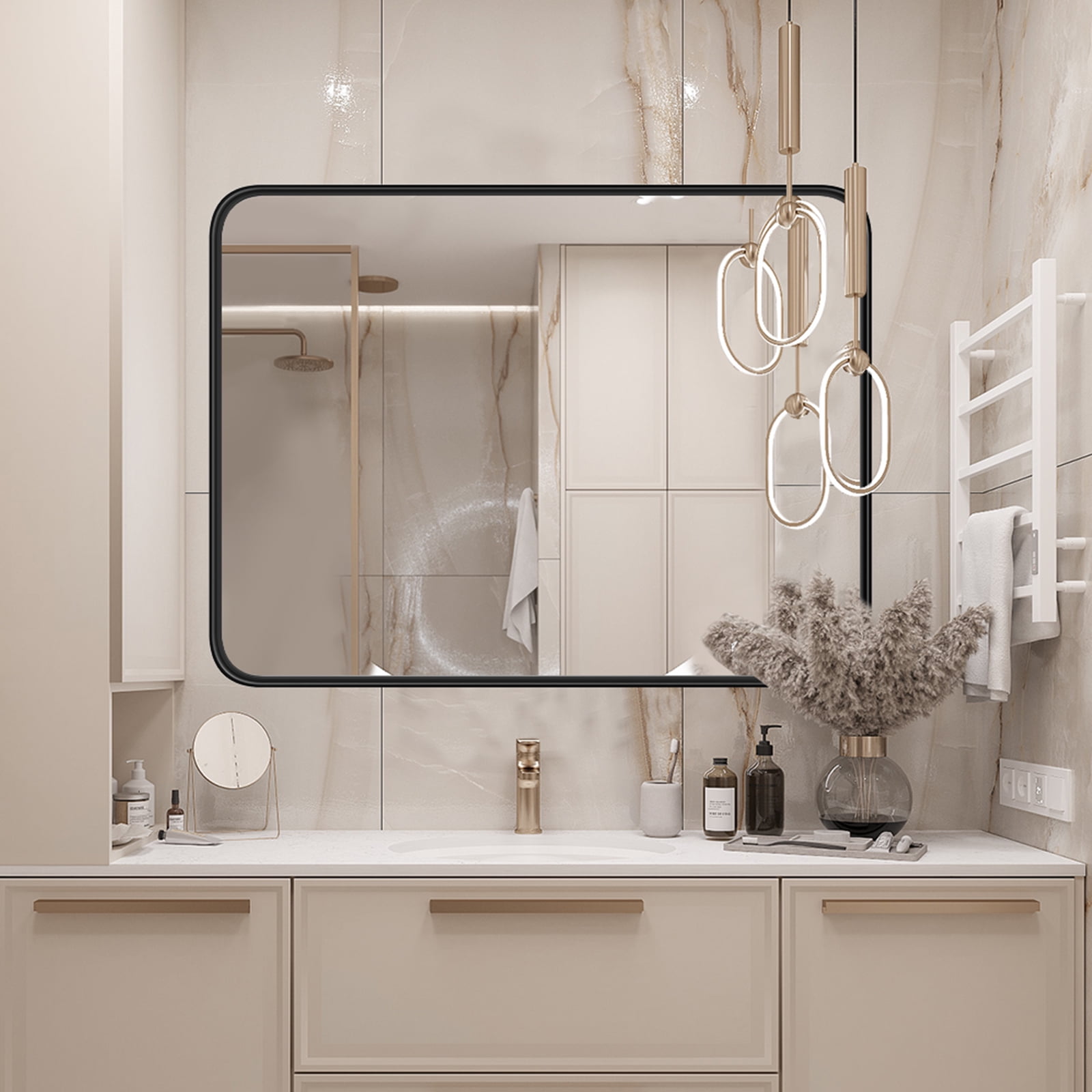 GIANNA Bathroom Mirror 40"x 30" for Wall, Matte Rounded Rectangle Wall Mirror with Metal Frame, Black