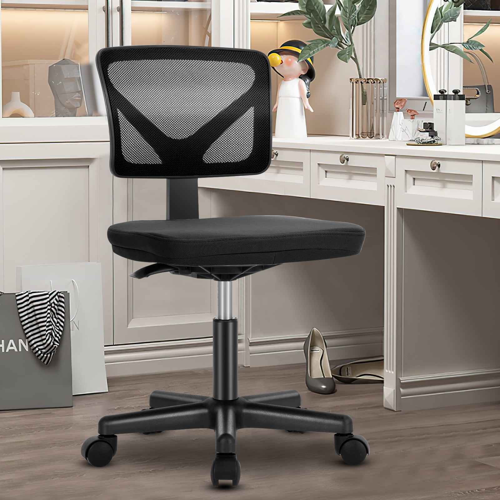 GIANNA Swivel Computer Office Mesh Desk Chair Armless Small Desk Chair Adjustable Black Computer Task Chair No Armrest Mid Back Home Office Chair for Small Spaces