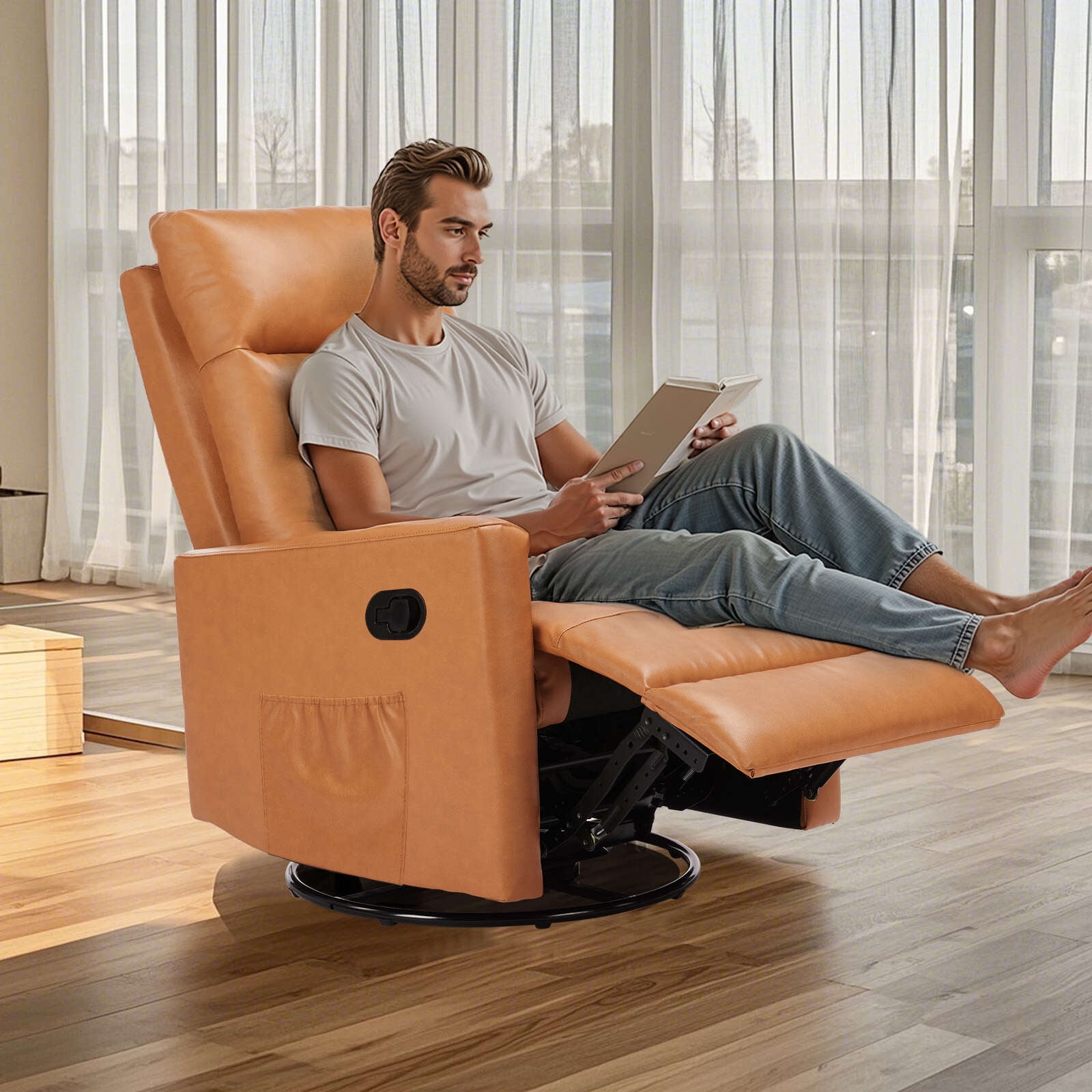 GIANNA Swivel Recliner Chair with Footrest, Rocking Glider Recliner with High Back & Deep Seat, Upholstered Lounge Chair for Living Room, Brown