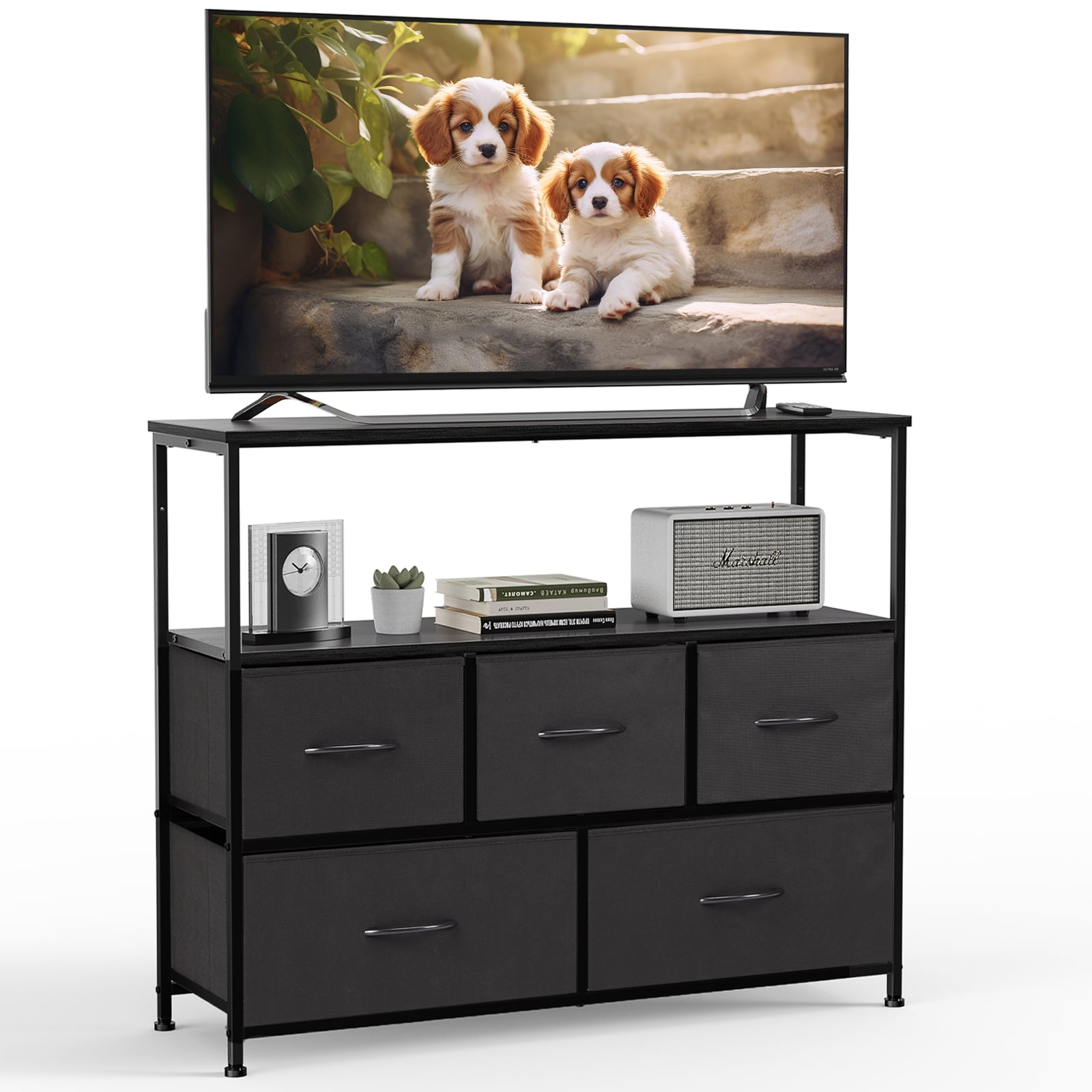 GIANNA TV Cabinet Stand, 5 Fabric Drawers & Adjustable Feet for Bedroom, Black