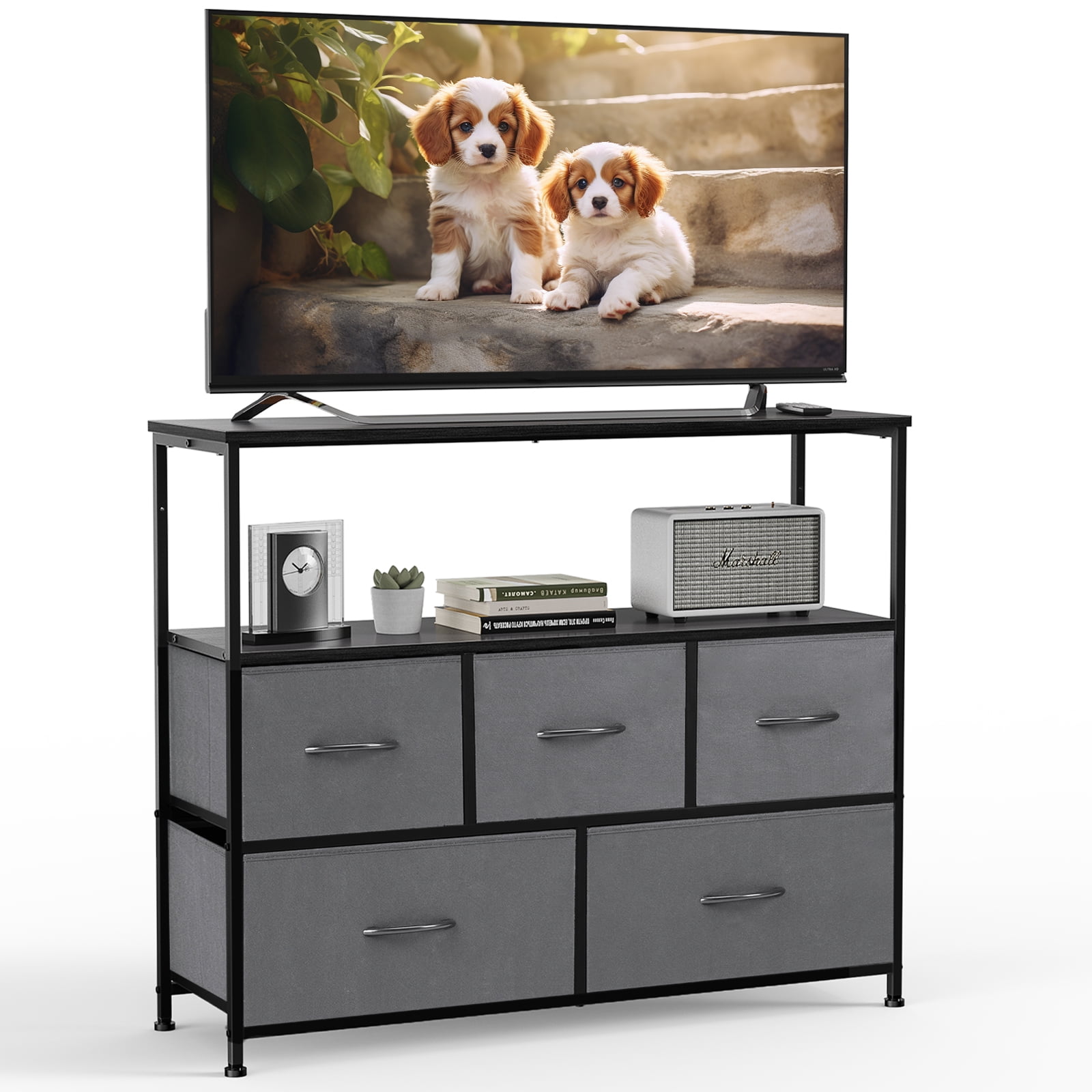GIANNA TV Cabinet Stand, 5 Fabric Drawers & Adjustable Feet for Bedroom, Grey