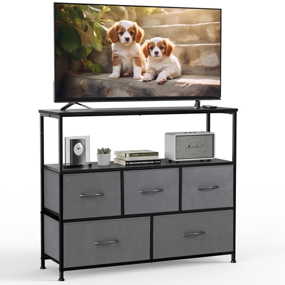 Gianna TV Cabinet Stand, 5 Fabric Drawers & Adjustable Feet for Bedroom, Grey
