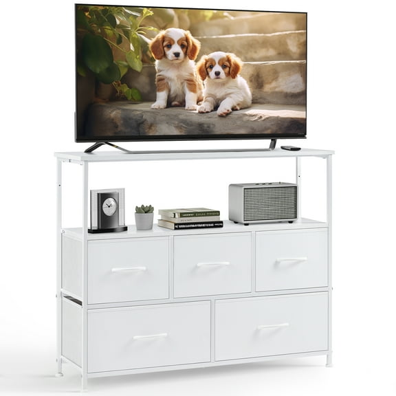 GIANNA TV Cabinet Stand, 5 Fabric Drawers & Adjustable Feet for Bedroom, White