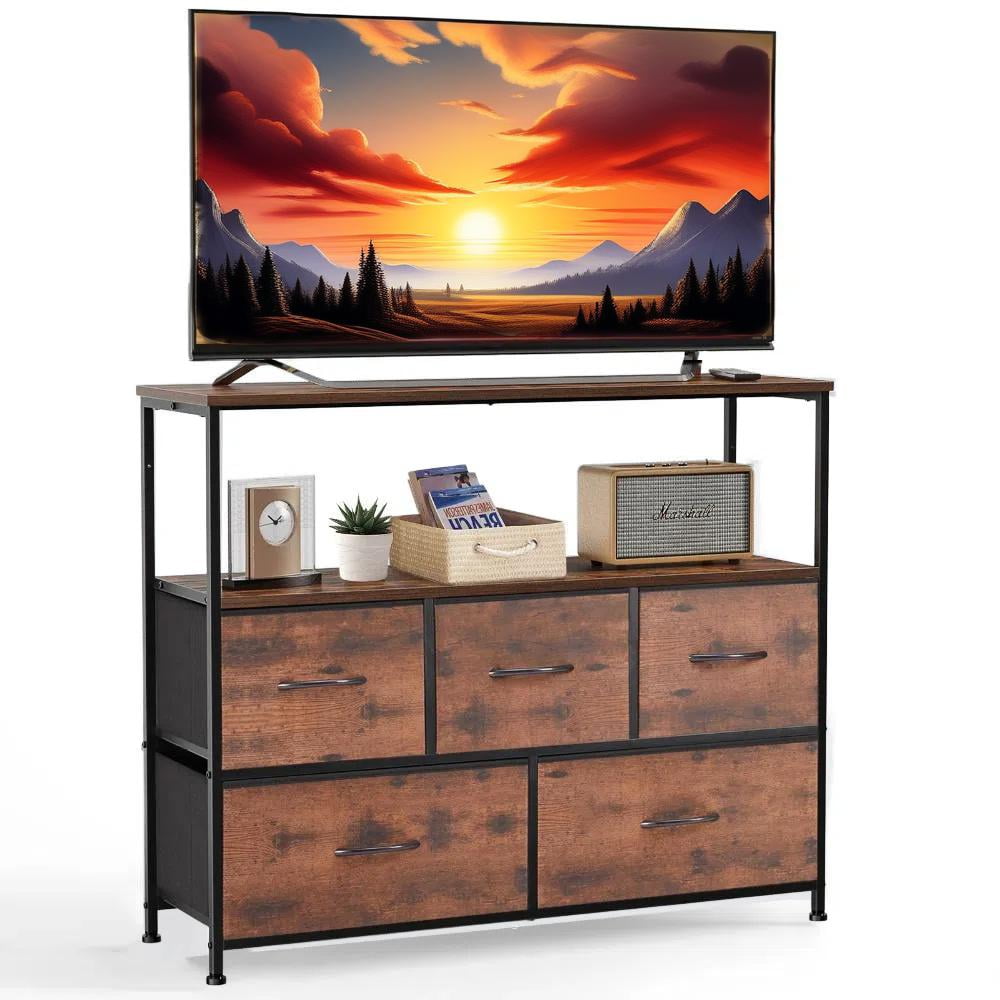 GIANNA TV Cabinet Stand with 5 Fabric Drawers, Adjustable Feet for Bedroom, Rustic Brown