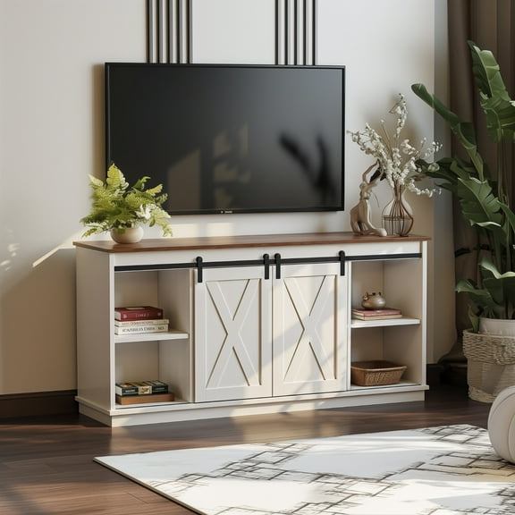 GIANNA TV Stand for Televisions up to 65 Inch, Entertainment Center with Sliding Barn Doors, Storage Cabinets and Media Shelves, Living Room Console Table, White
