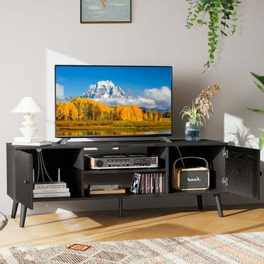 MCQ TV Stand for TVs up to 60", Modern Mid Century Entertainment Center with Storage, 2 Cabinet Media Console Table, Black