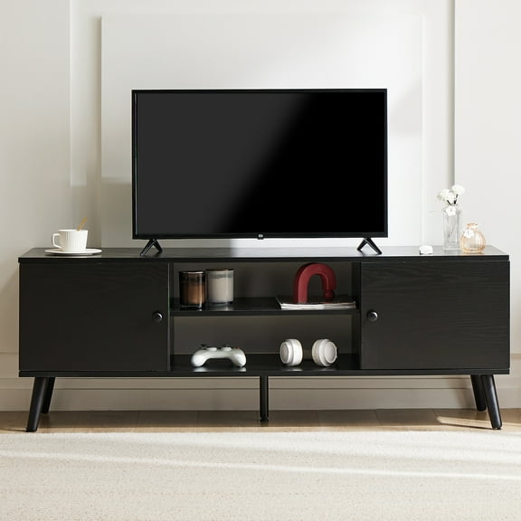 GIANNA TV Stand for TVs up to 60", Modern Mid Century Entertainment Center with Storage, 2 Cabinet Media Console Table, Black
