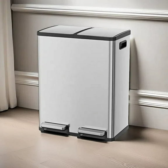 JIOABL Trash Can, 2 x 8.3 Gallon Double Deck Trash Recycling Bin, Kitchen Bin, Silver