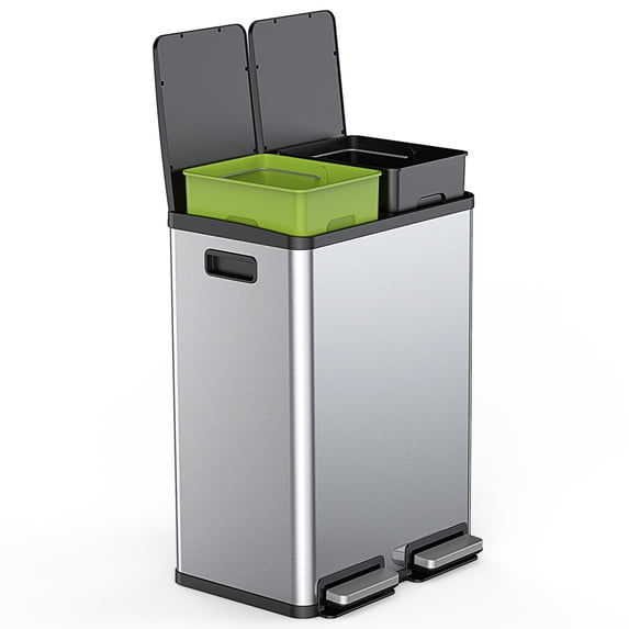 GIANNA Trash Can with Lid, 2 x 8 Gallon Garbage Can, Soft-Close Foot Peda, Removable Inner Bucket, For Home Kitchen Office, Silver