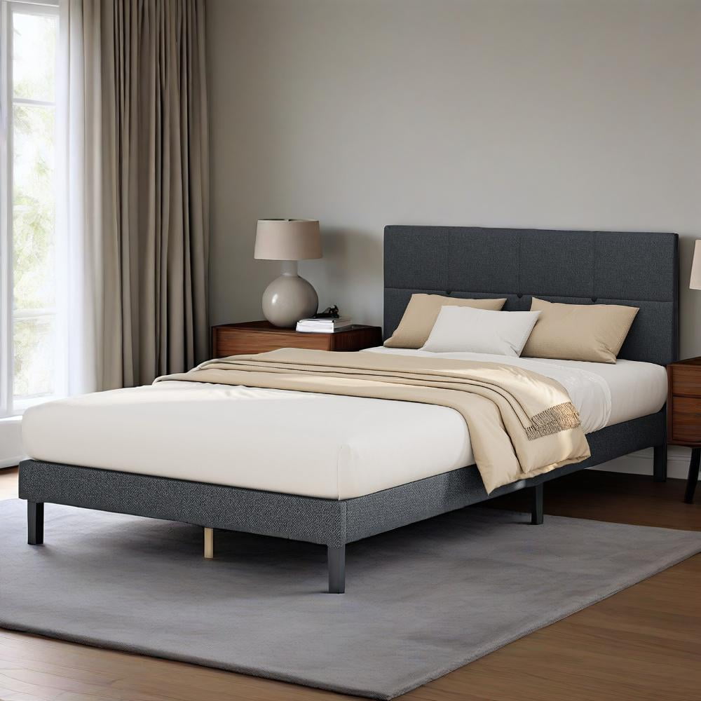 GIANNA Twin Size Bed Frame, Wooden Twin Platform Bed with upholstered headboard, 41"W x 77.36"D x 12"H, Dark Grey