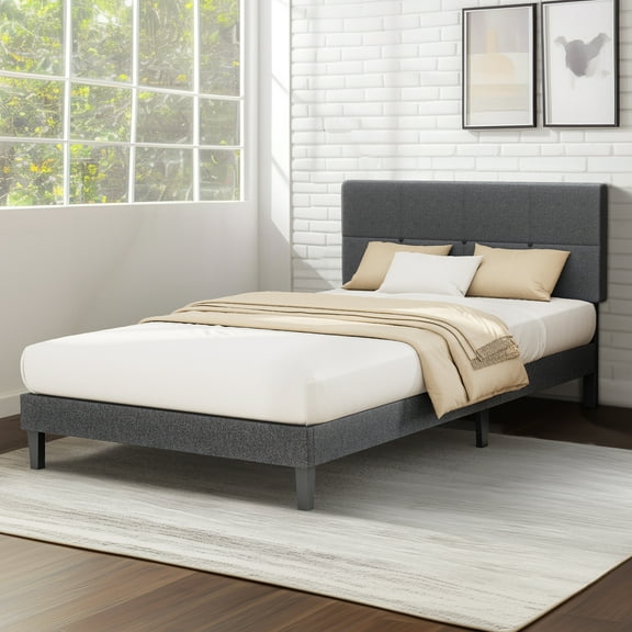 GIANNA Twin Size Platform Bed Frame with Upholstered Headboard, Underbed Storage, No Springs Required, Dark Gray