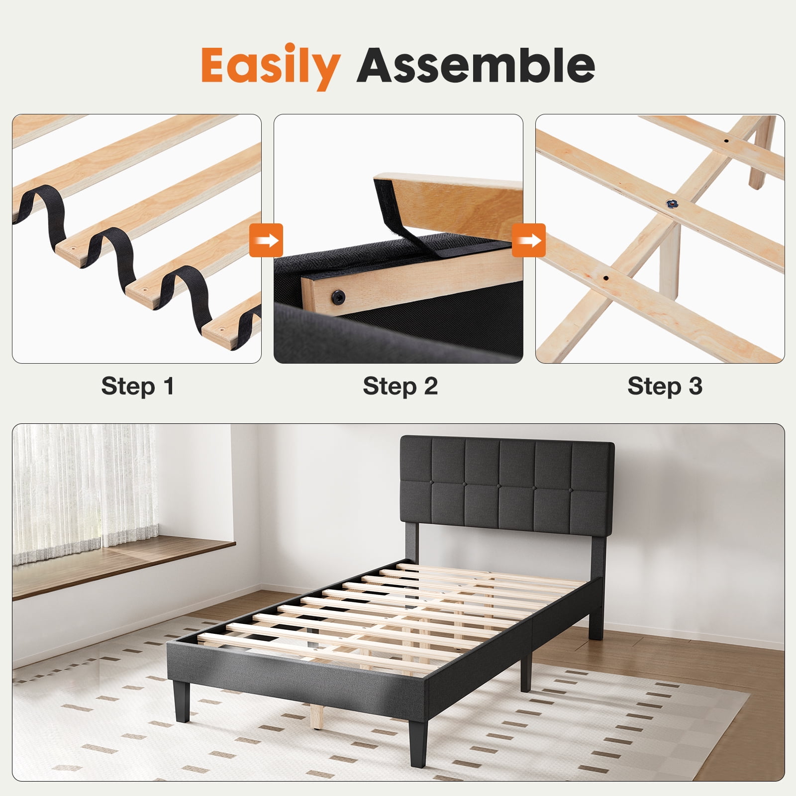 GIANNA Twin Size Platform Bed Frame with upholstered headboard, Dark Gray, 41"W x 77.36"D x 12"H