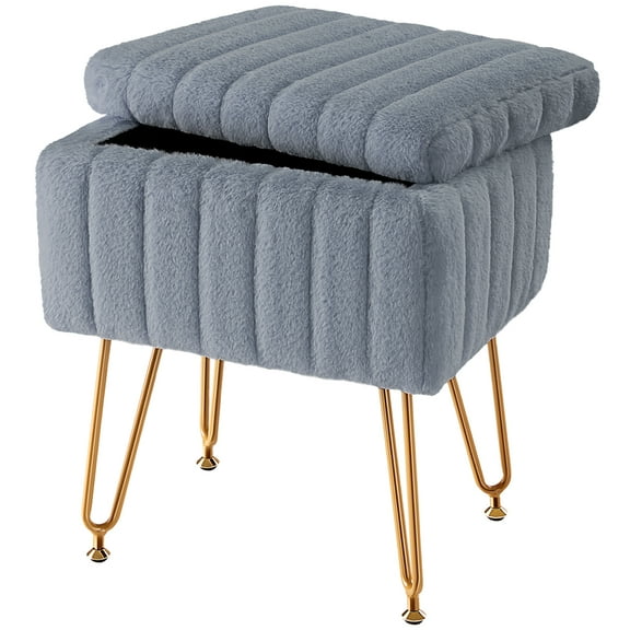 JIOABL Vanity Stool Chair with 4 Metal Legs Anti-Slip Adjustable Feet, Faux Fur Seat, Storage Space, Gray