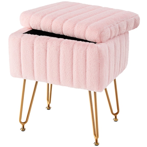 Sweetcrispy Vanity Stool Chair with 4 Metal Legs Anti-Slip Adjustable Feet, Faux Fur Seat, Storage Space, Pink