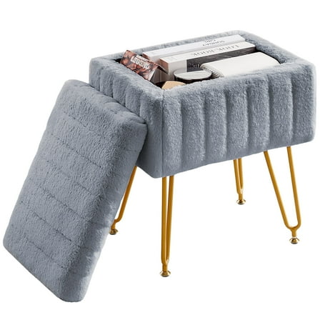 JOINSUN Vanity Stool Chair with Storage Space, With Anti-Slip Feet, Faux Fur Seat, for Dressing Room, Bedroom, Gray