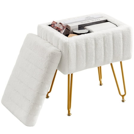 CONCETTA Vanity Stool Chair with Storage Space, with Anti-Slip feet, Faux Fur Seat, for Dressing Room, Bedroom, White