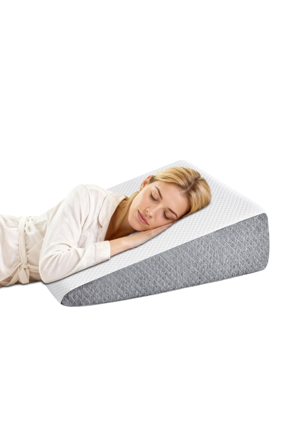 Wedge Pillow, Memory Foam Bed Wedge for Acid Reflux & Recovery, Removable Washable Cover, White Gray, 23.6×23.6×7.5in