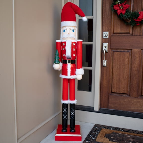 Giant Nutcracker Mr. Claus Statue - 5' Tall Lifesize Wooden Christmas Decor - Classic Santa Nutcracker Figure for Indoor/Outdoor Holiday Display - Red & White Christmas Ornament for Porch or Entryway