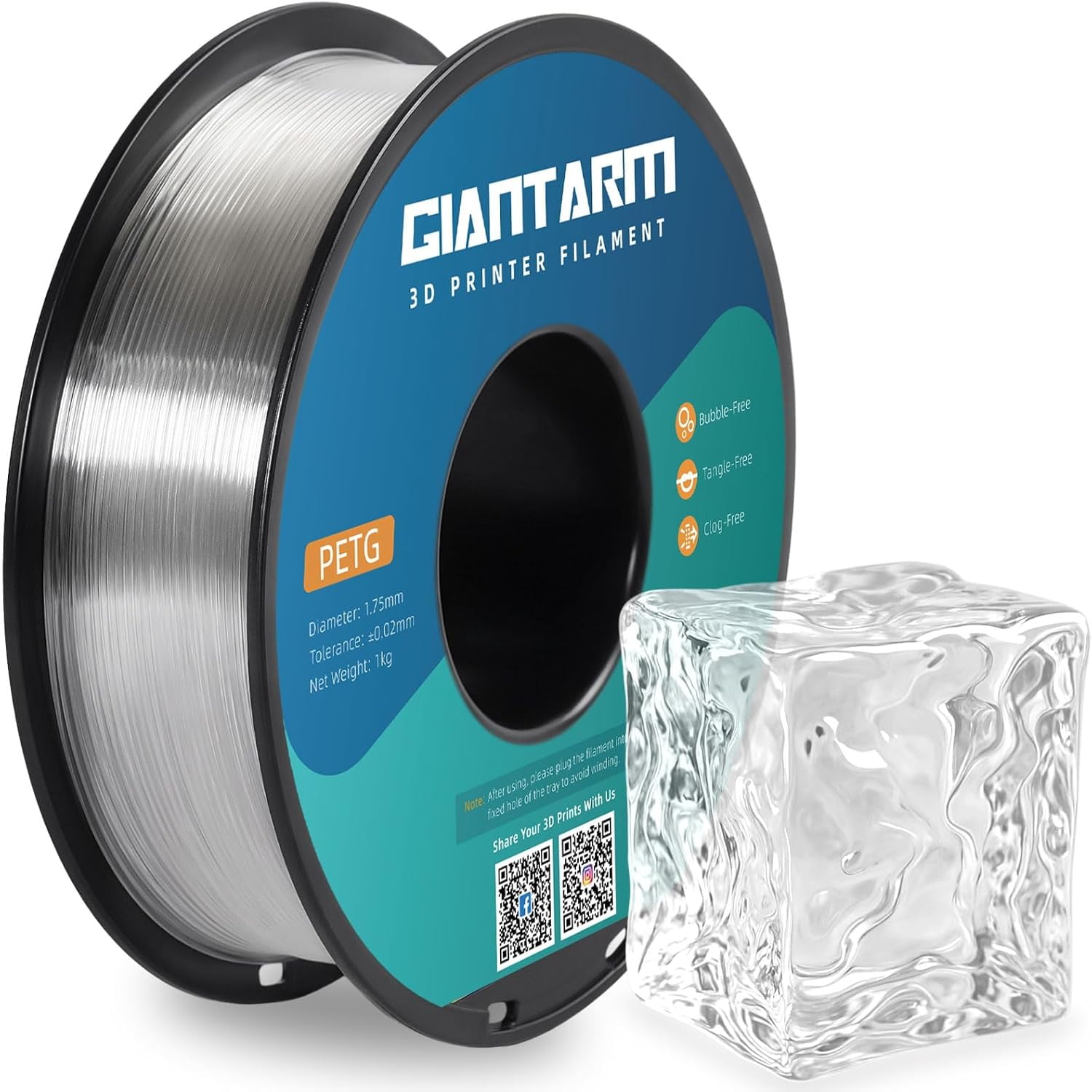 GIANTARM PETG Filament 1.75, Clear Transparent 1.75mm 1kg(2.2lb), Toughness Enhanced, Dimensional Accuracy +/-0.02mm, Vacuum Package